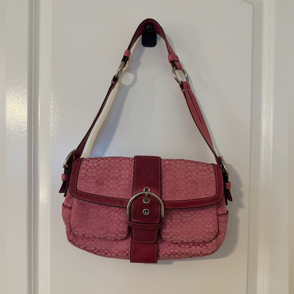 COACH Pink monogram canvas leather shoulder bag purse 12x7x3" suede.